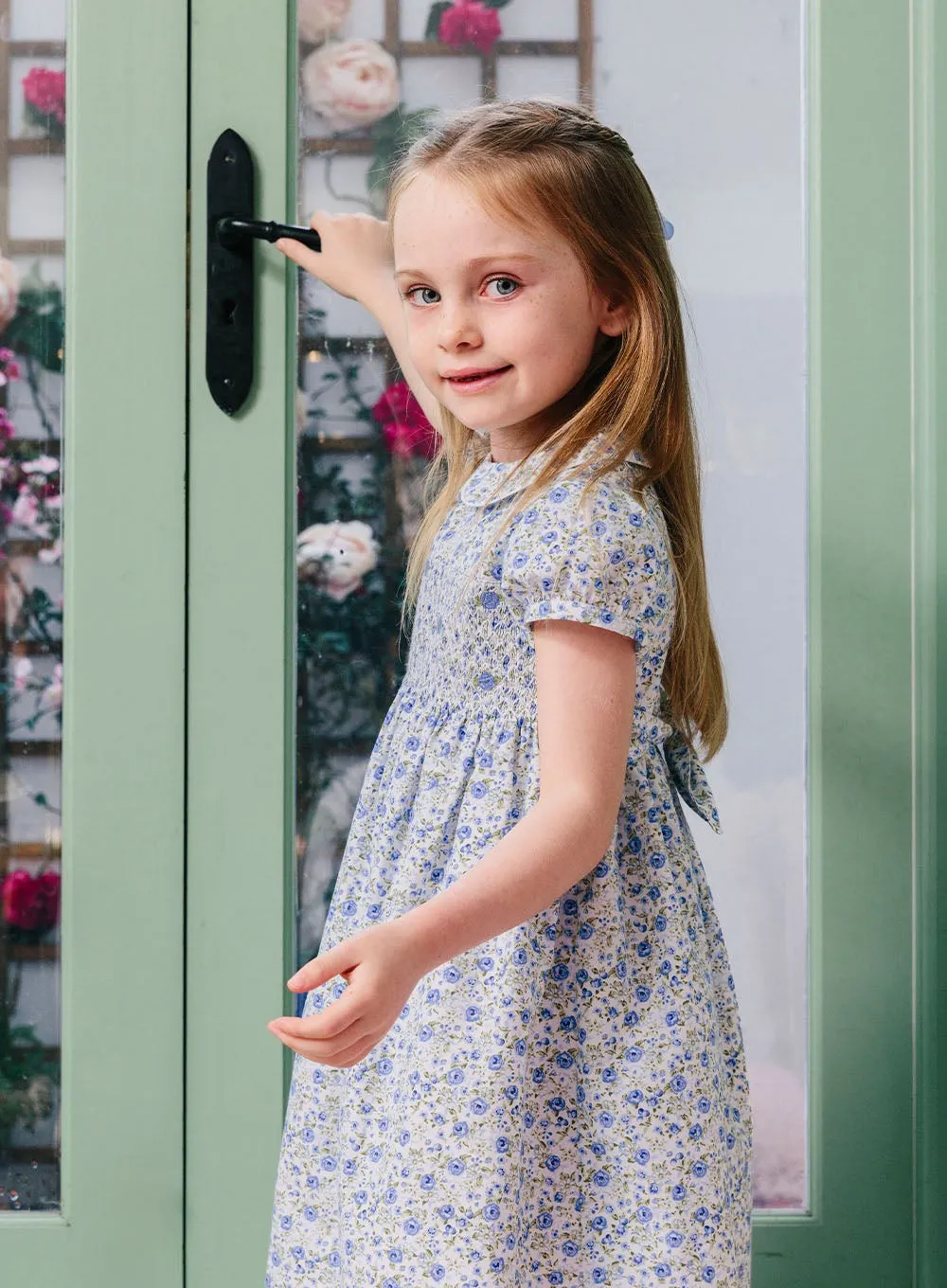 Catherine Smocked Dress in Blue Rose