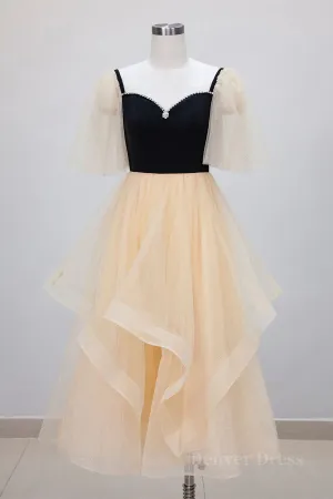 Champagne V Neck Tea Length Prom Dresses Tea-Length Formal Graduation Dresses