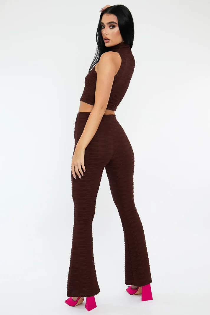 Chocolate High Neck Crop Top & Flare Pants Set - Dailyn