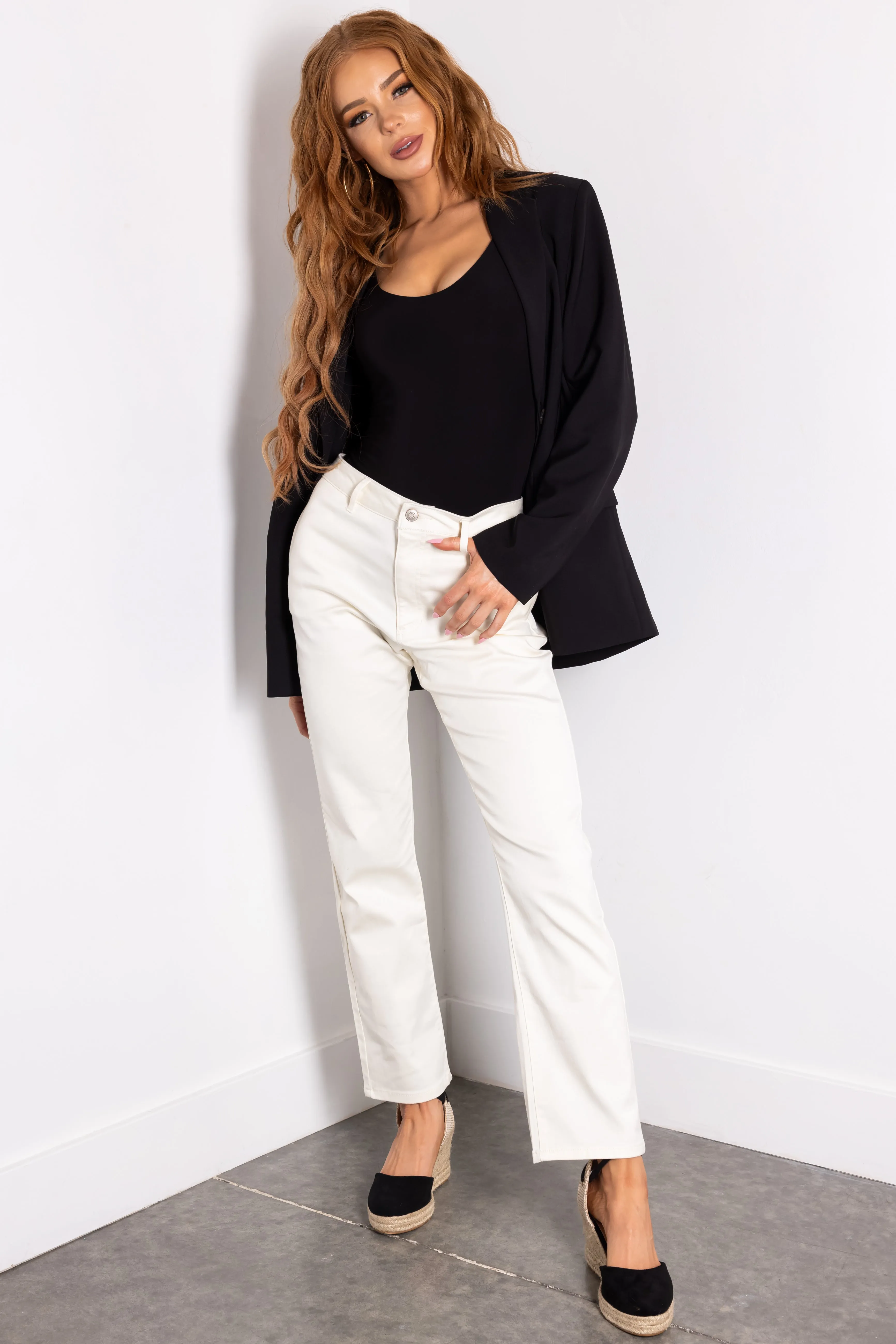 Cream Straight Fit High Waisted Twill Jeans