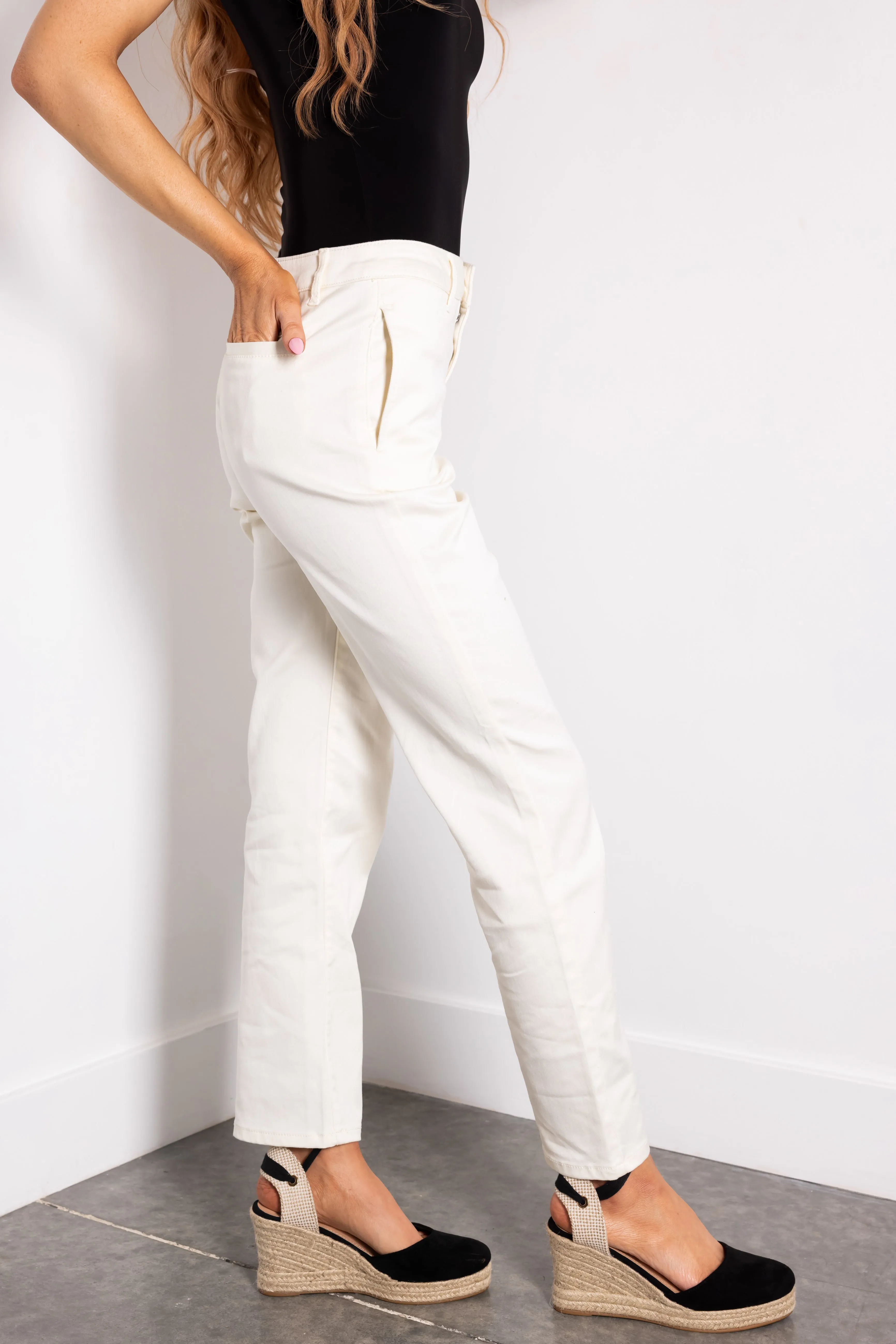 Cream Straight Fit High Waisted Twill Jeans