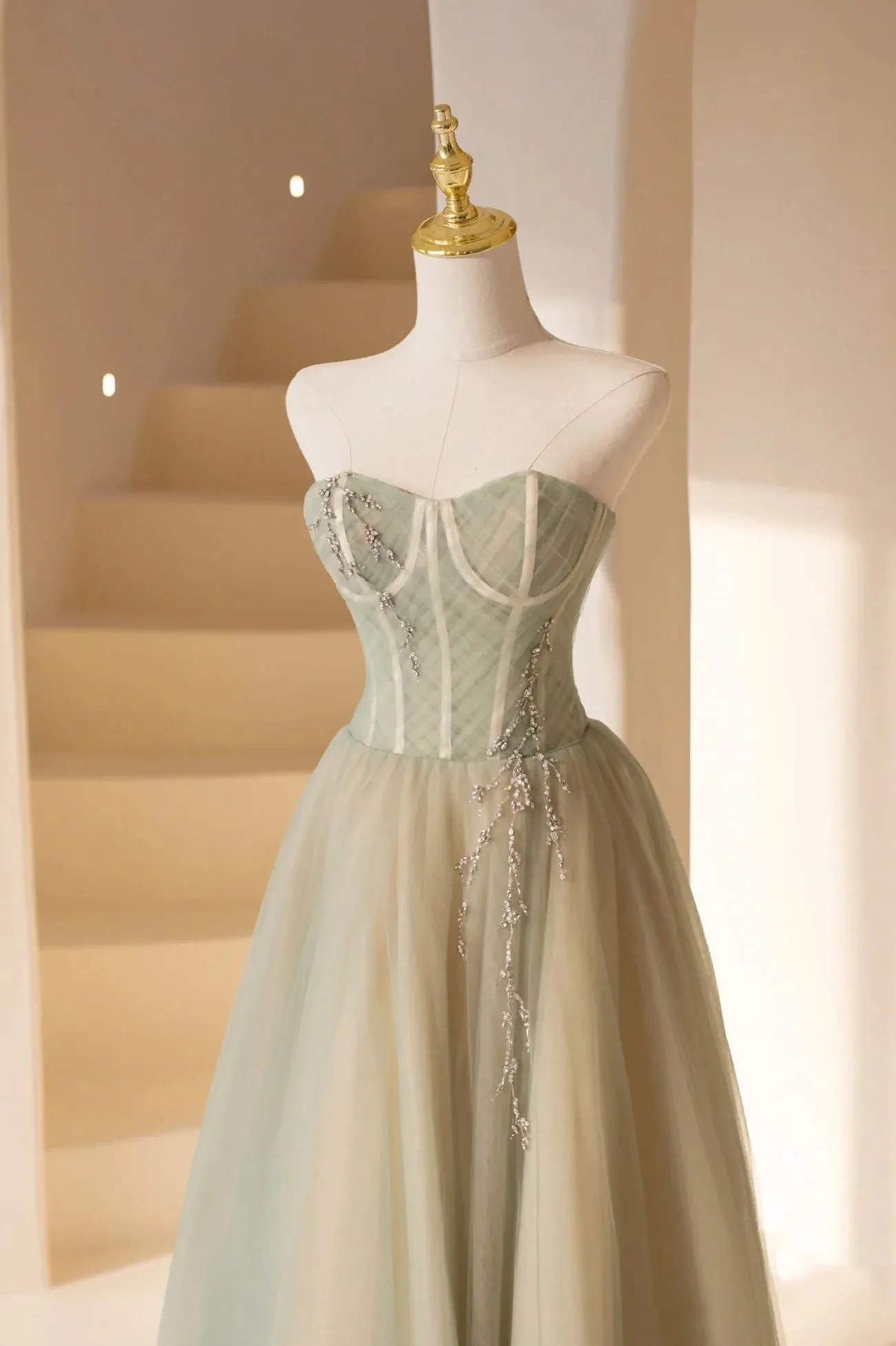 Cute Tulle Tea Length Prom Dress, Green A-Line Strapless Evening Party Dress