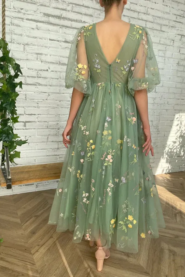 Elegant V Neck Green Tea Length Prom Dresses