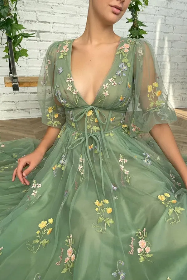 Elegant V Neck Green Tea Length Prom Dresses