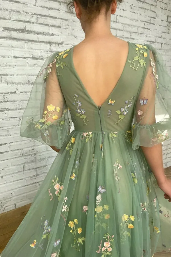 Elegant V Neck Green Tea Length Prom Dresses