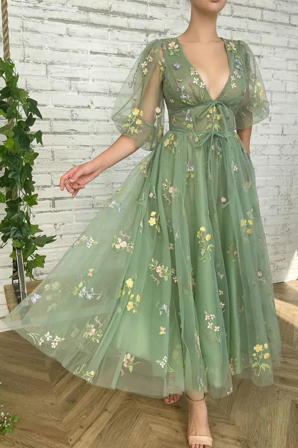 Elegant V Neck Green Tea Length Prom Dresses