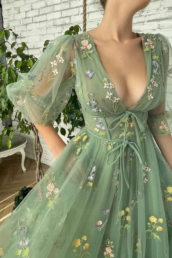 Elegant V Neck Green Tea Length Prom Dresses