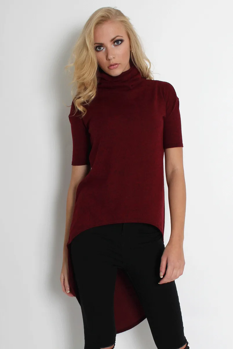 Erin Wine High Neck Dropped Hem Top