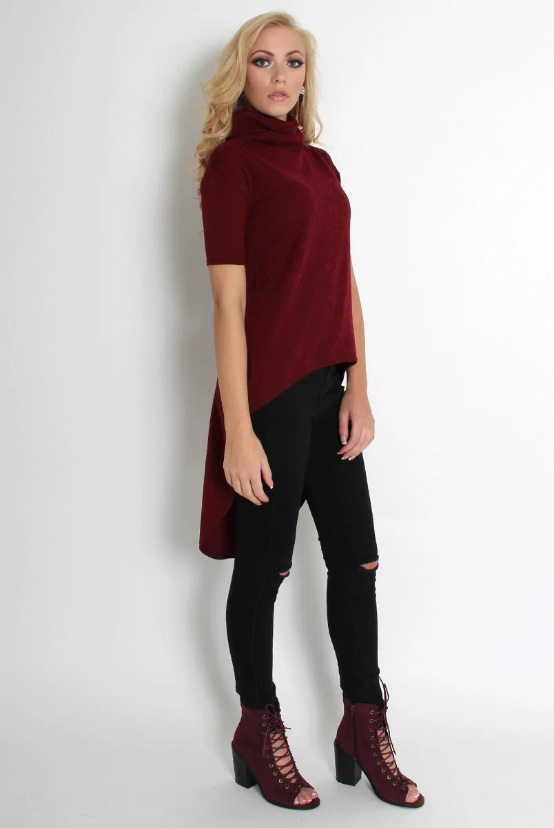 Erin Wine High Neck Dropped Hem Top