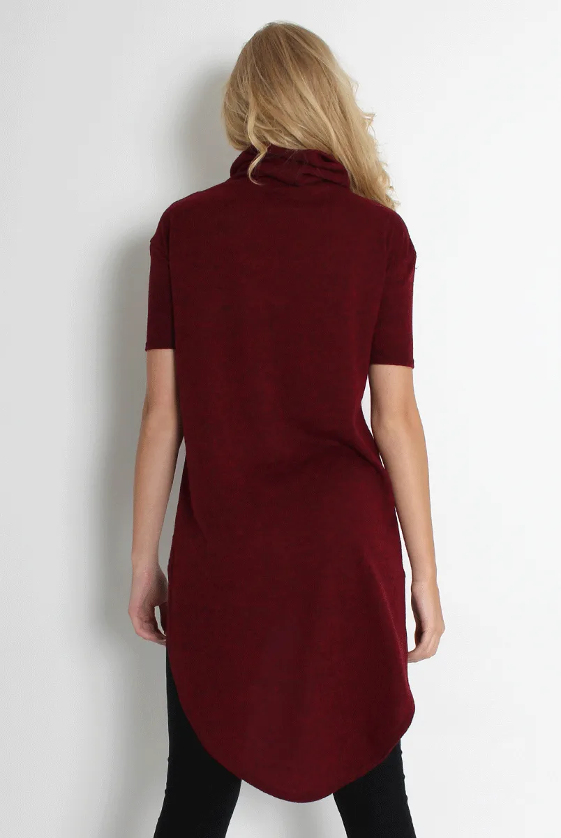 Erin Wine High Neck Dropped Hem Top