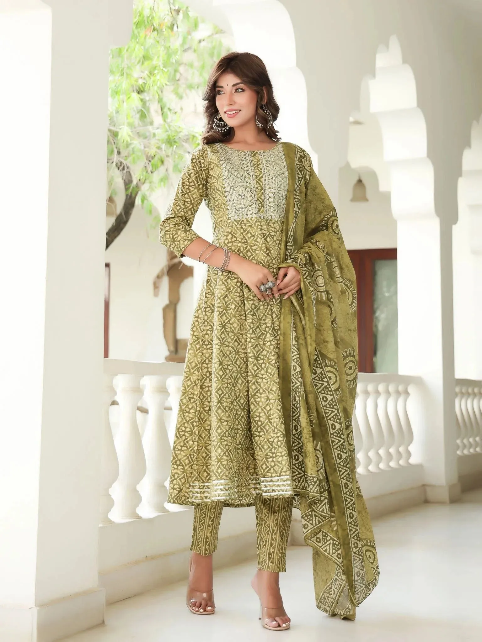 Ethnic Motifs Printed Regular Sequinned Pure Cotton Kurta With Trousers & Dupatta