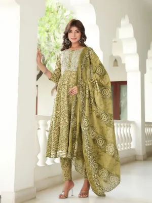 Ethnic Motifs Printed Regular Sequinned Pure Cotton Kurta With Trousers & Dupatta