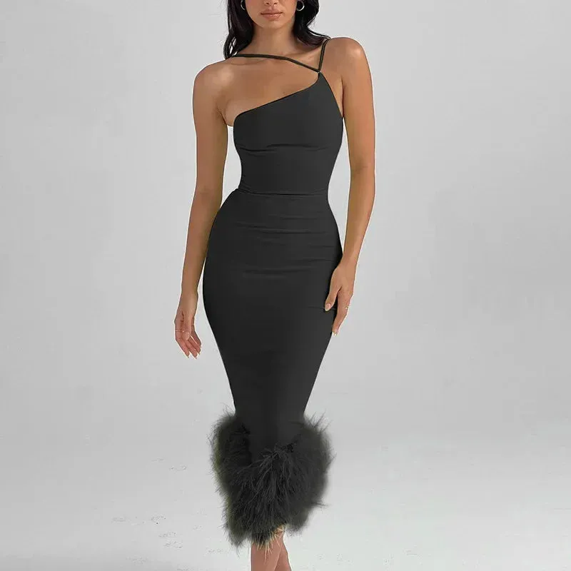 Feather Evening One Shoulder Sleeveless Backless Party Dress