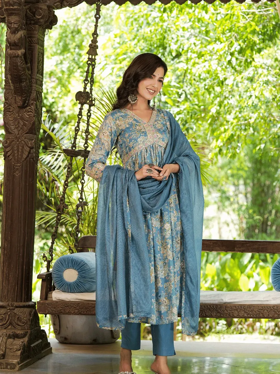 Floral Printed Empire Thread Work Pure Cotton Kurta With Trousers & Dupatta