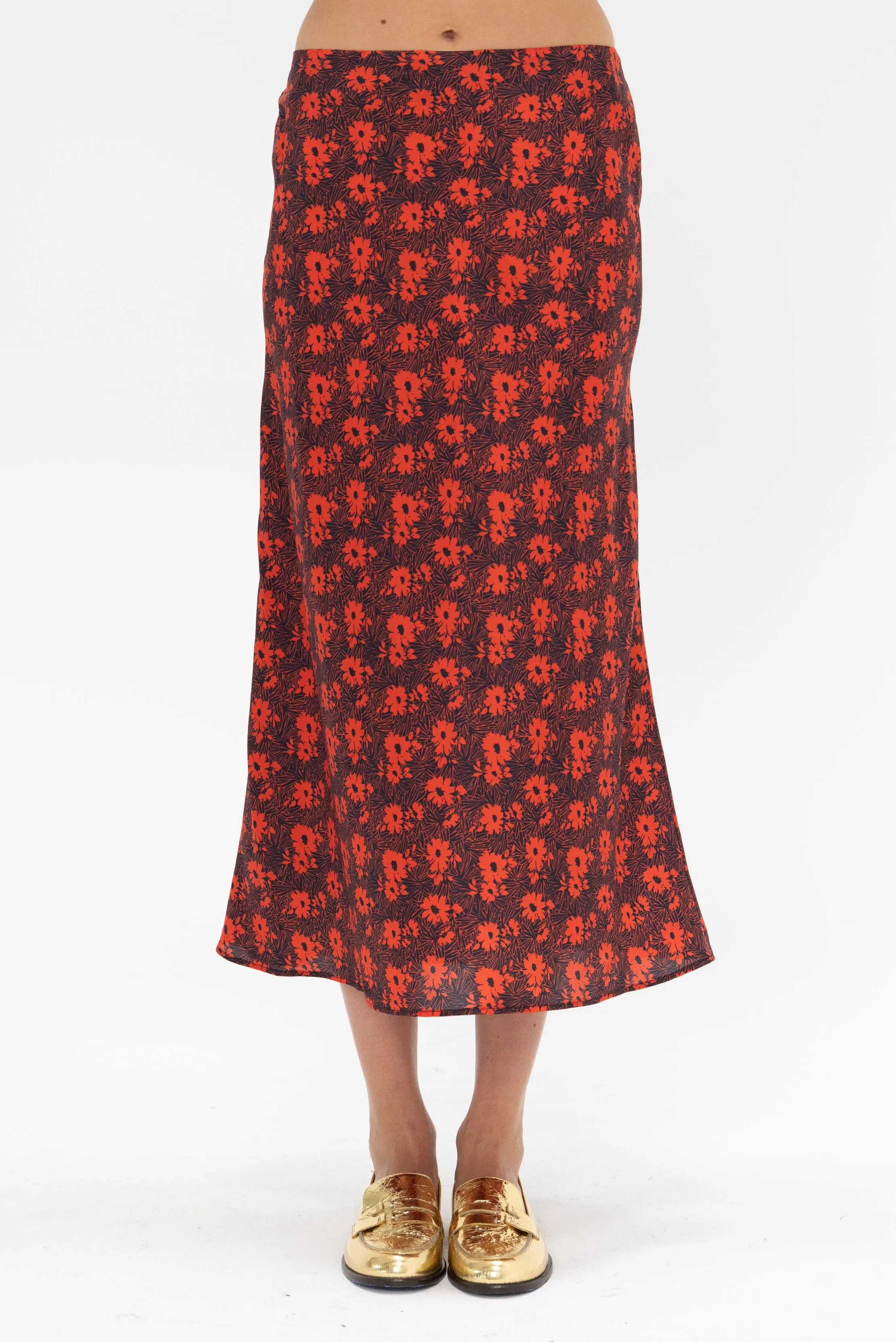 Flower Print Silk Midi Skirt, Black & Red