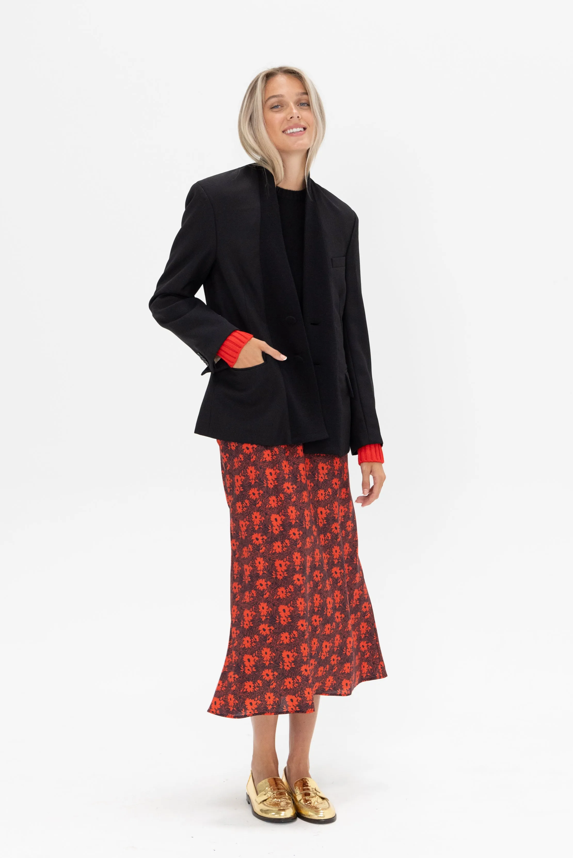 Flower Print Silk Midi Skirt, Black & Red