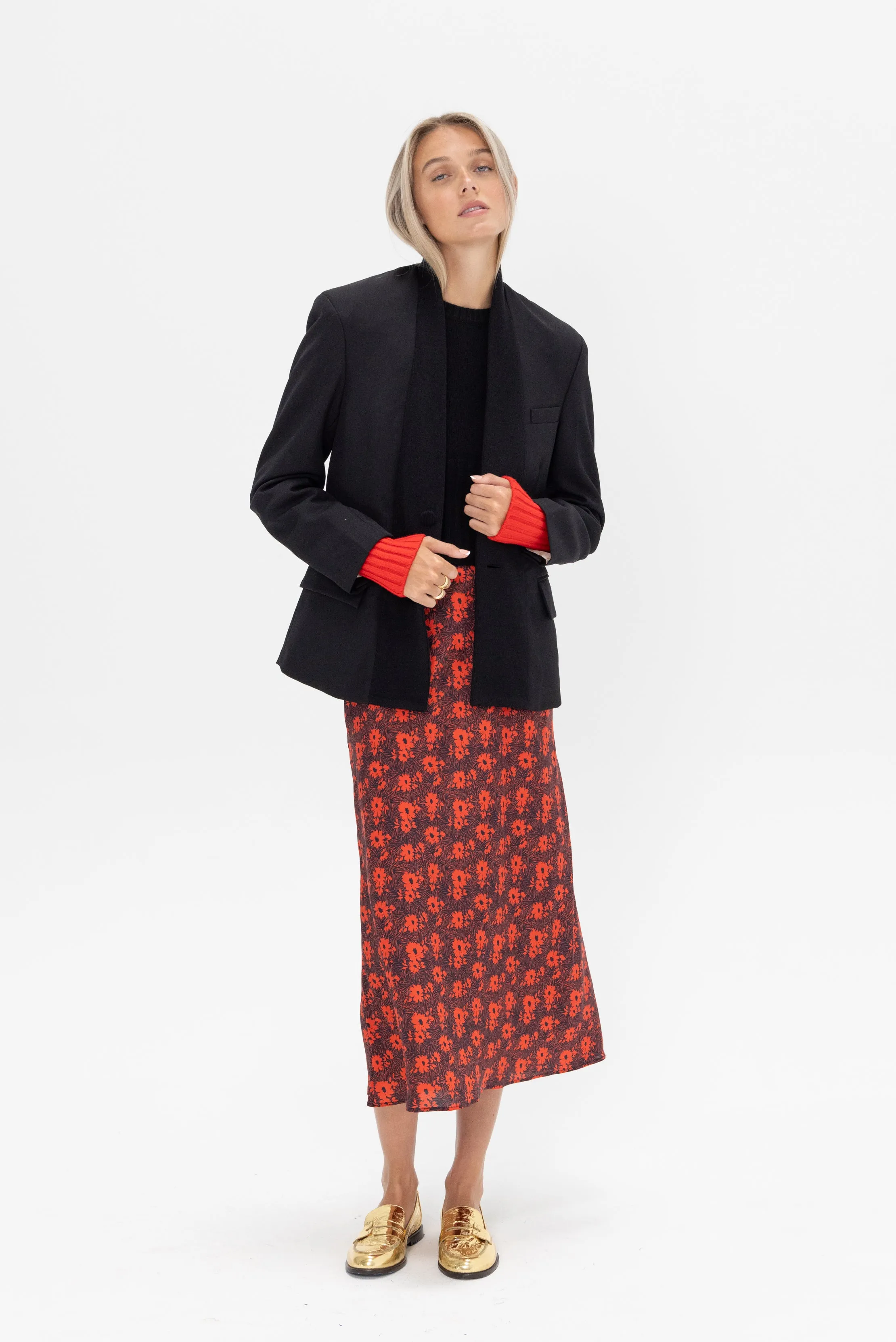 Flower Print Silk Midi Skirt, Black & Red