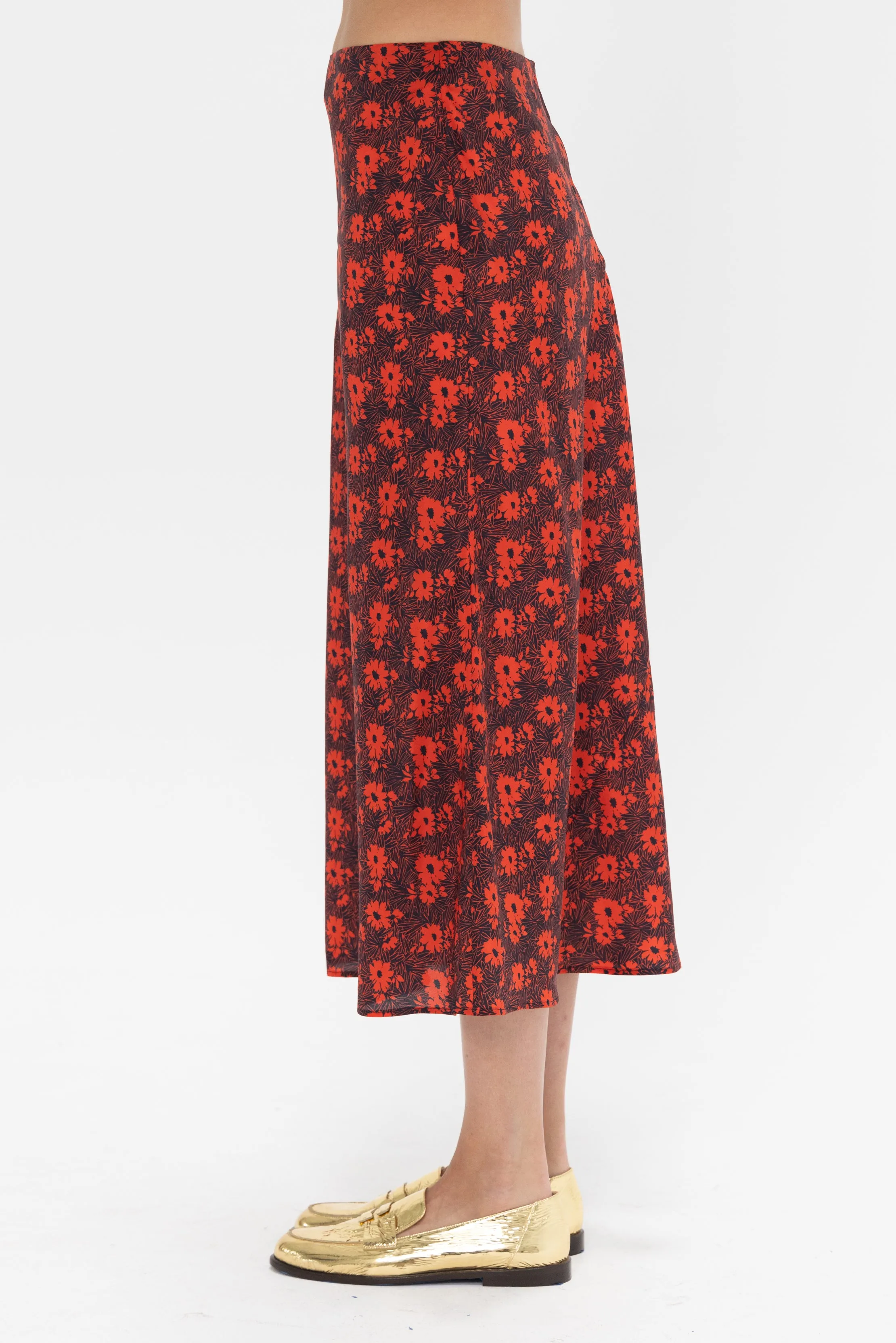 Flower Print Silk Midi Skirt, Black & Red