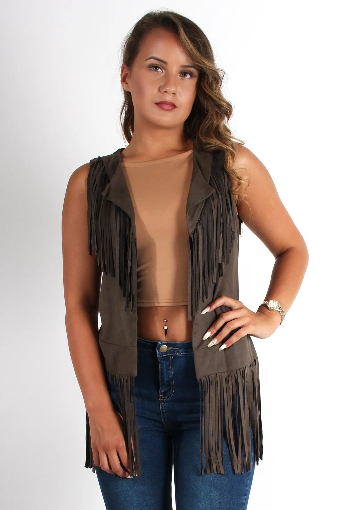 Gabbi Khaki Suede Tassel Waistcoat