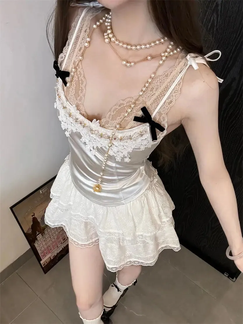 Girlary French pure desire lace splicing bow halter top summer new temperament Slim A word skirt suit fashion women 2024