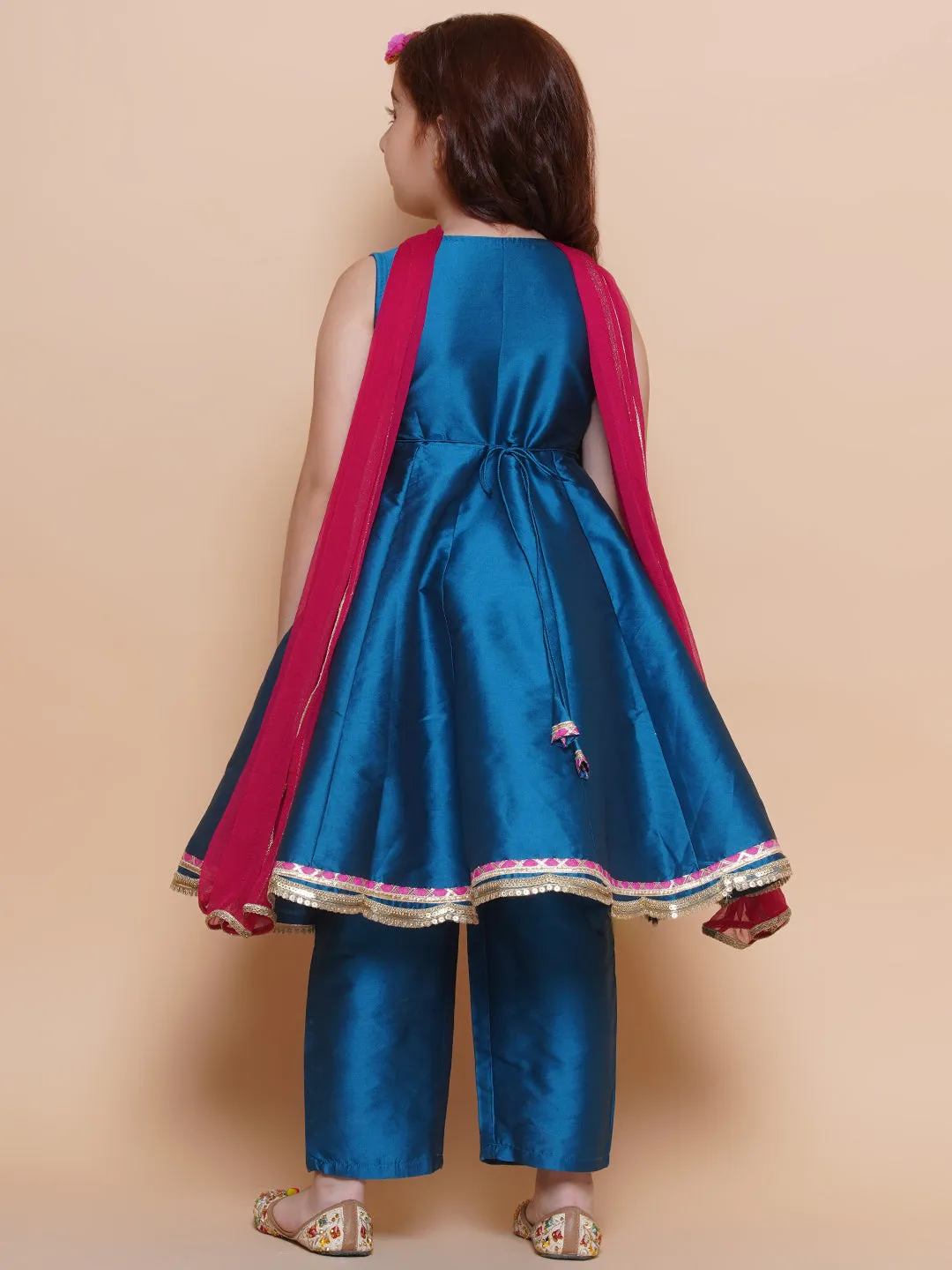 Girls Blue Embroidered Angrakha Kurta with Trousers set With Dupatta