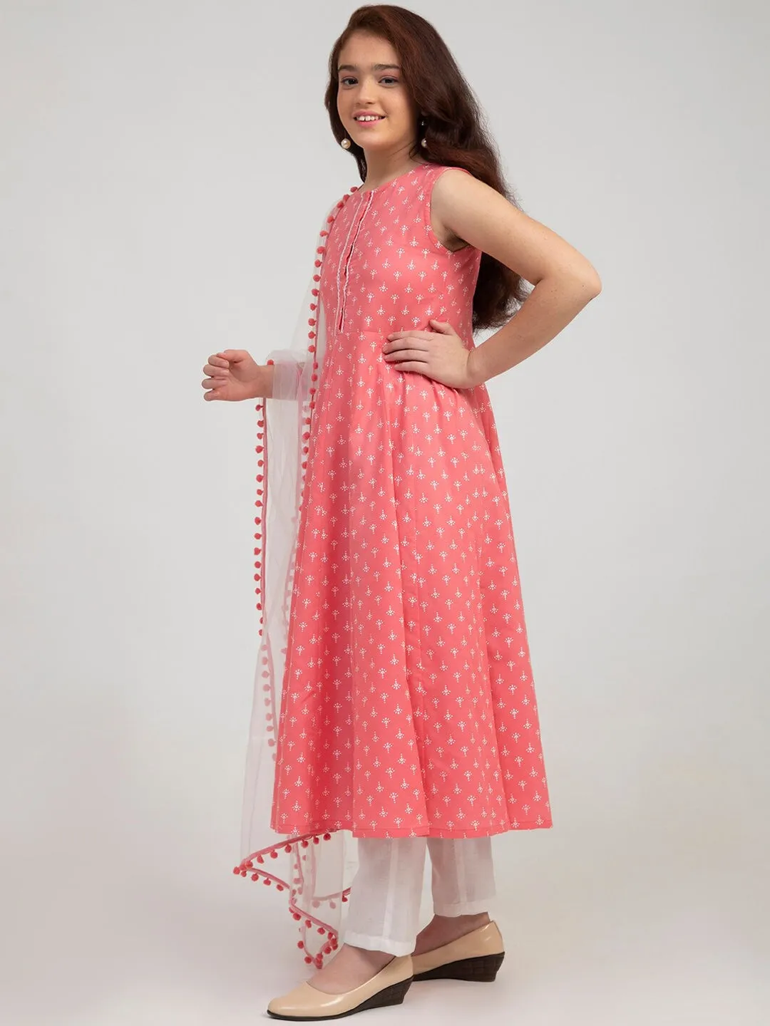 Girls Pink Ethnic Motifs Printed Pure Cotton Kurta With Trousers & With Dupatta