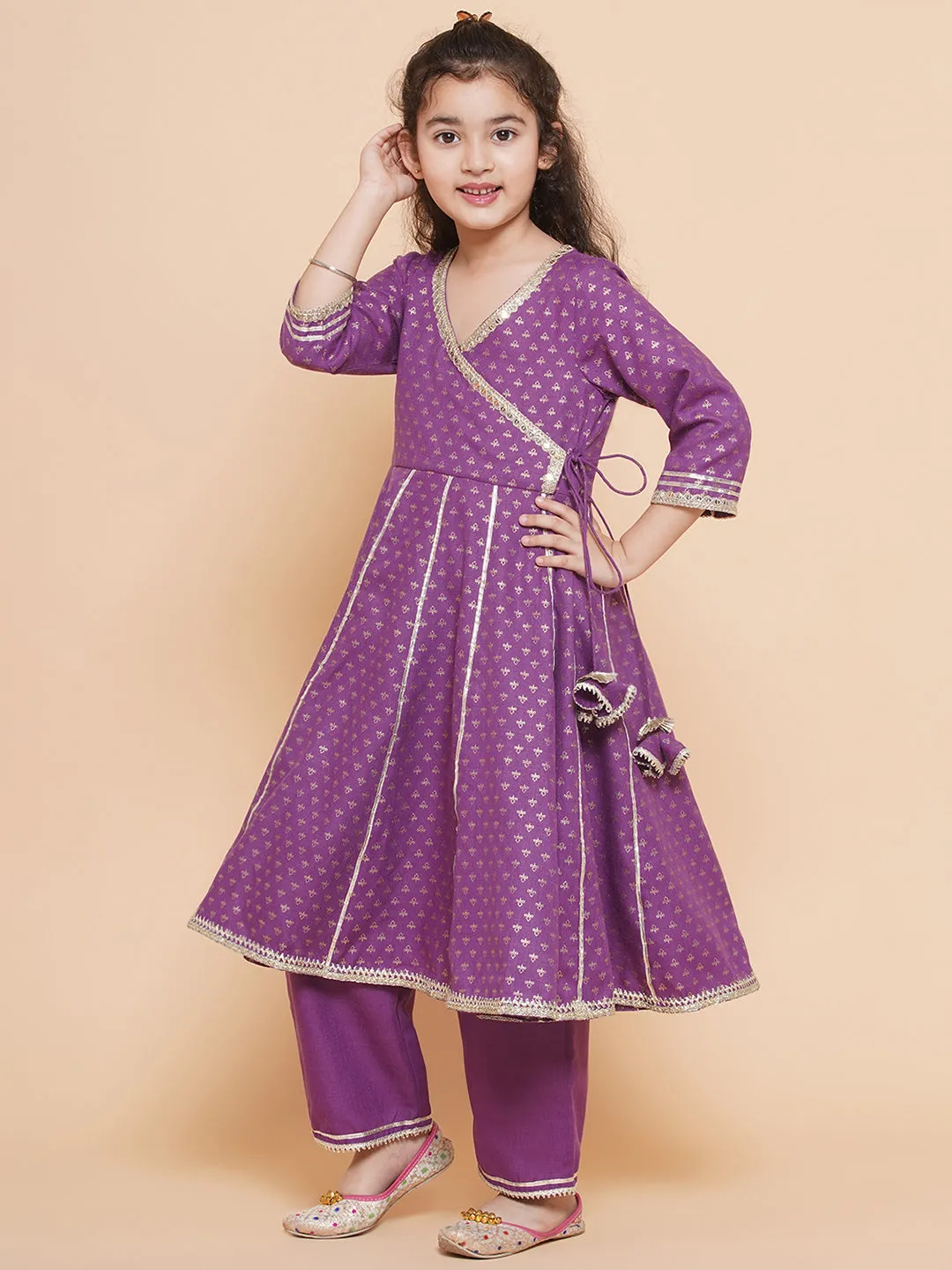 Girls Purple Ethnic Motifs foil Printed Angrakha Kurta with Trouser  & Dupatta