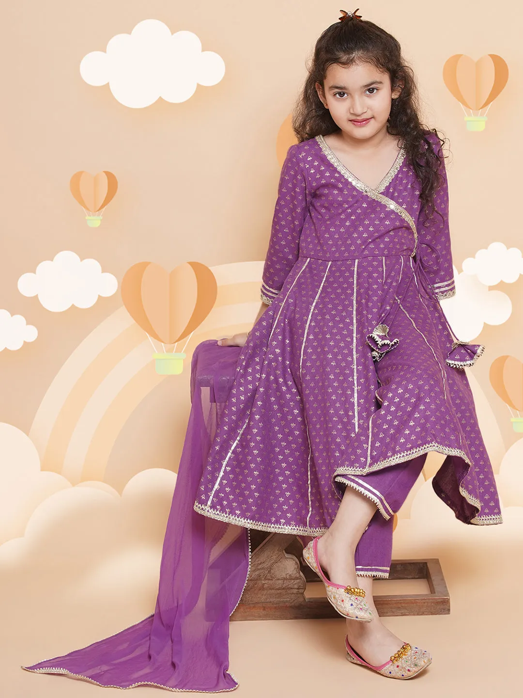 Girls Purple Ethnic Motifs foil Printed Angrakha Kurta with Trouser  & Dupatta