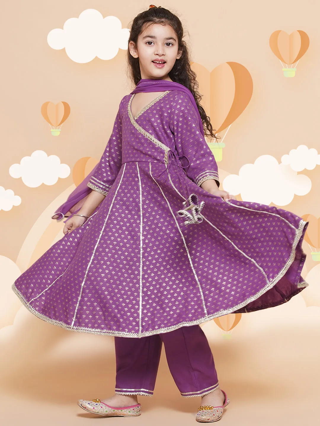 Girls Purple Ethnic Motifs foil Printed Angrakha Kurta with Trouser  & Dupatta