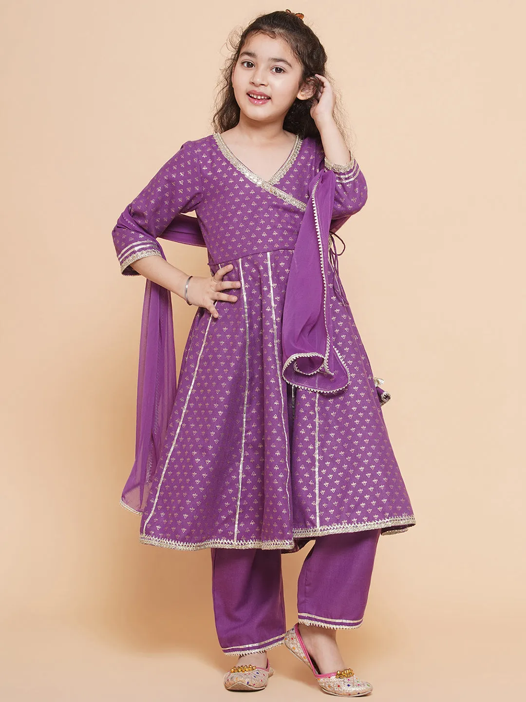 Girls Purple Ethnic Motifs foil Printed Angrakha Kurta with Trouser  & Dupatta