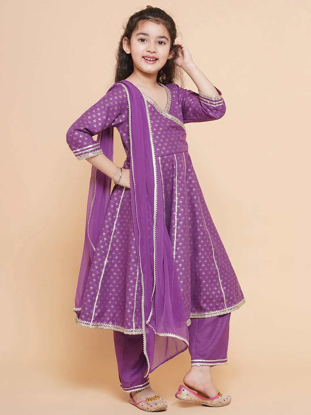 Girls Purple Ethnic Motifs foil Printed Angrakha Kurta with Trouser  & Dupatta