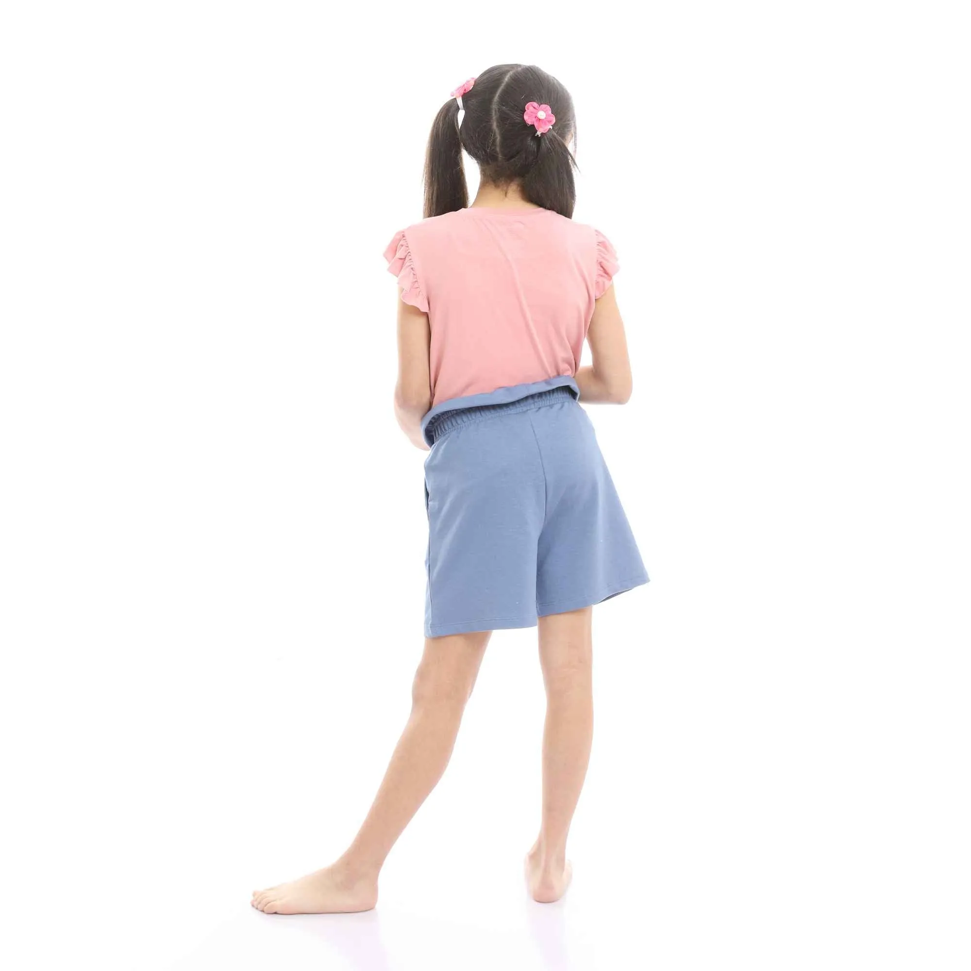 Girls Ruffled Sleeves Tee & Slip On Shorts Pajama Set - Simon & Steel Blue