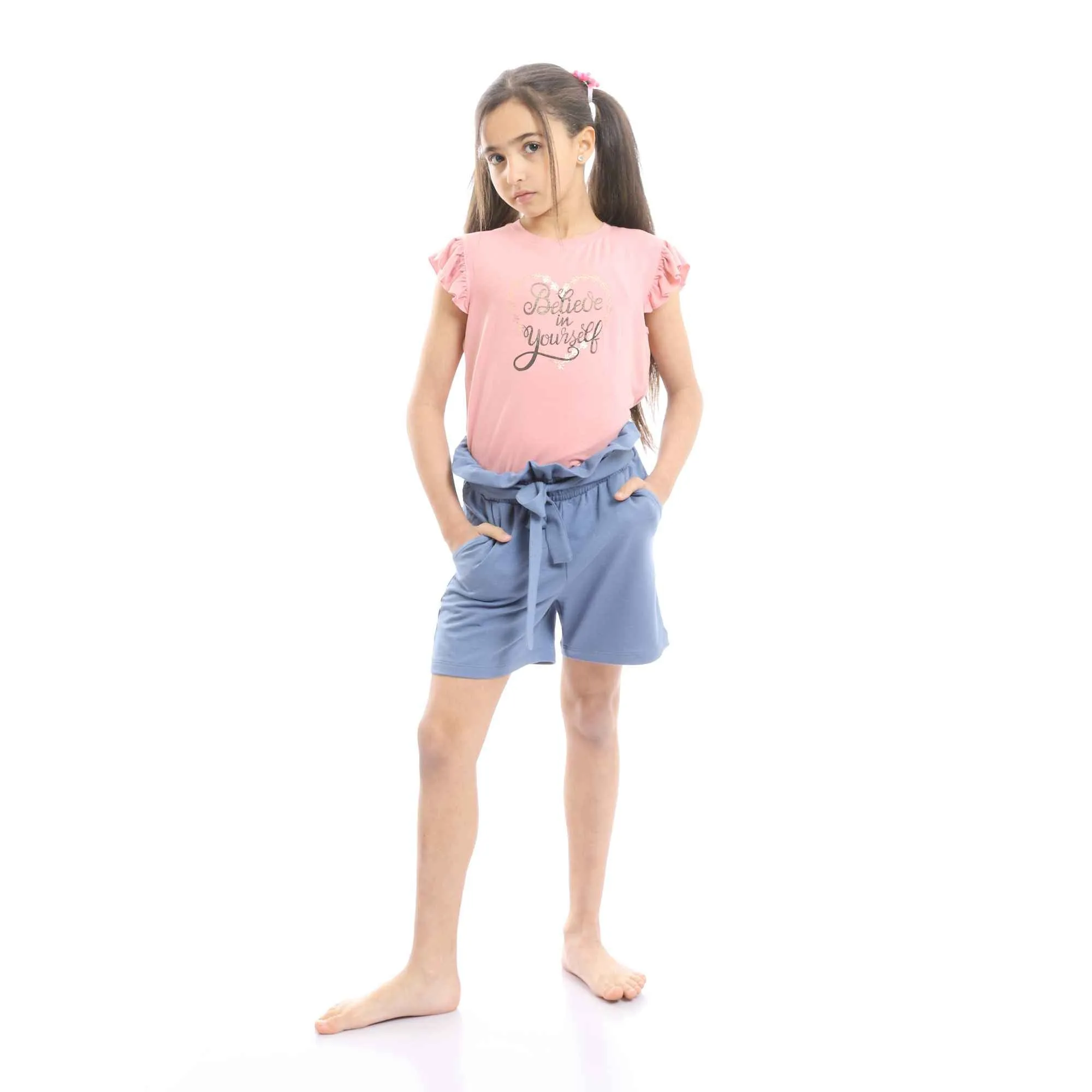 Girls Ruffled Sleeves Tee & Slip On Shorts Pajama Set - Simon & Steel Blue