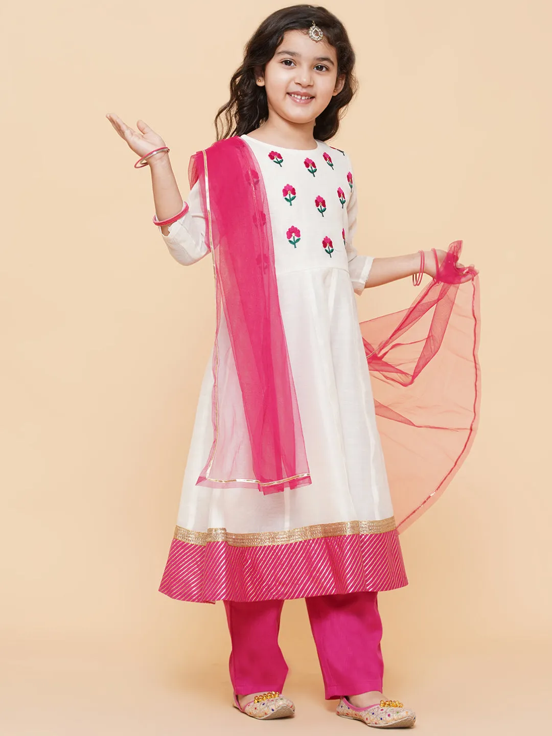 Girls White Embroidered Anarkali Kurta With Trouser & With Dupatta