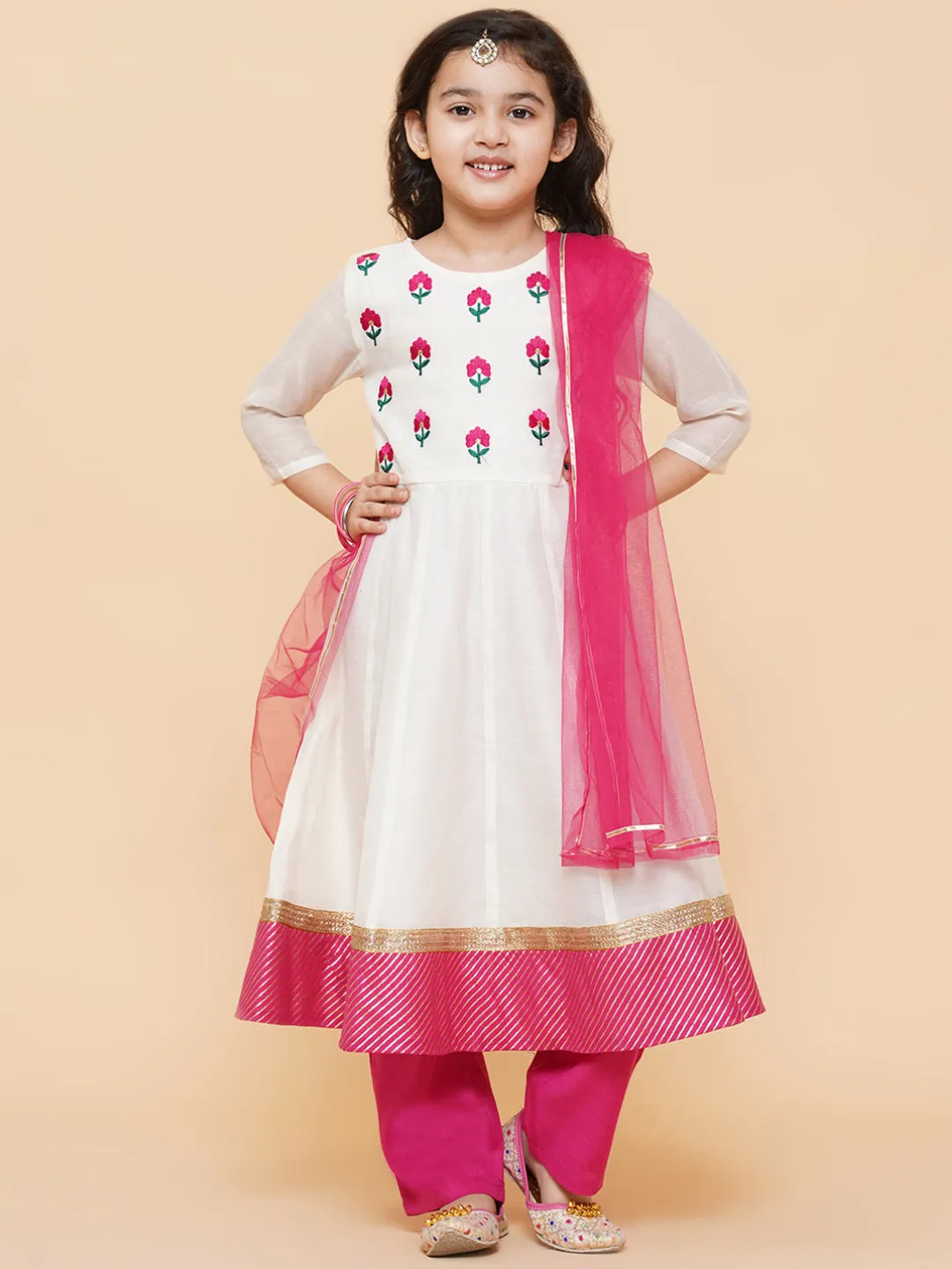 Girls White Embroidered Anarkali Kurta With Trouser & With Dupatta