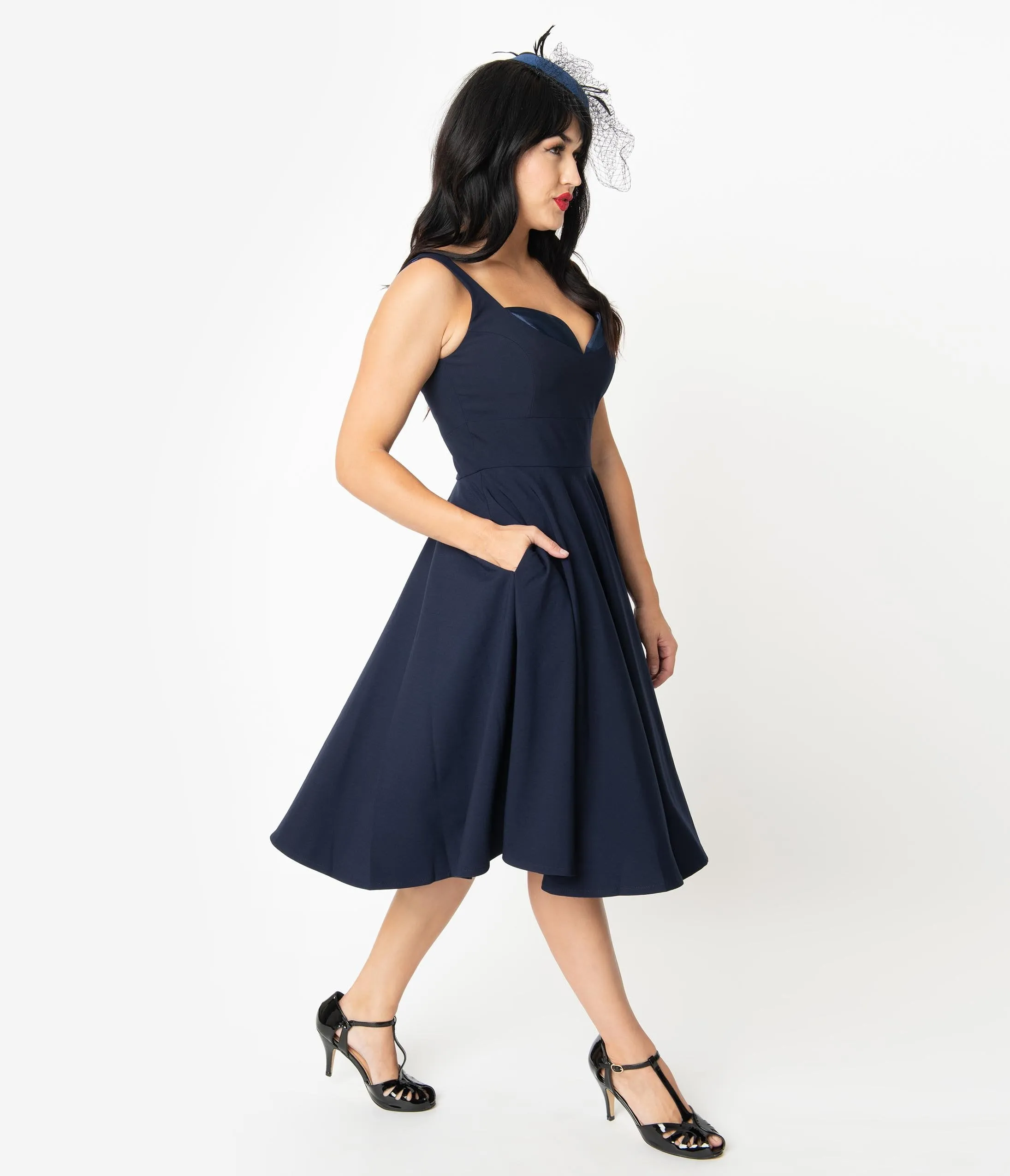 Glamour Bunny 1950s Dark Blue Sweetheart Madison Swing Dress