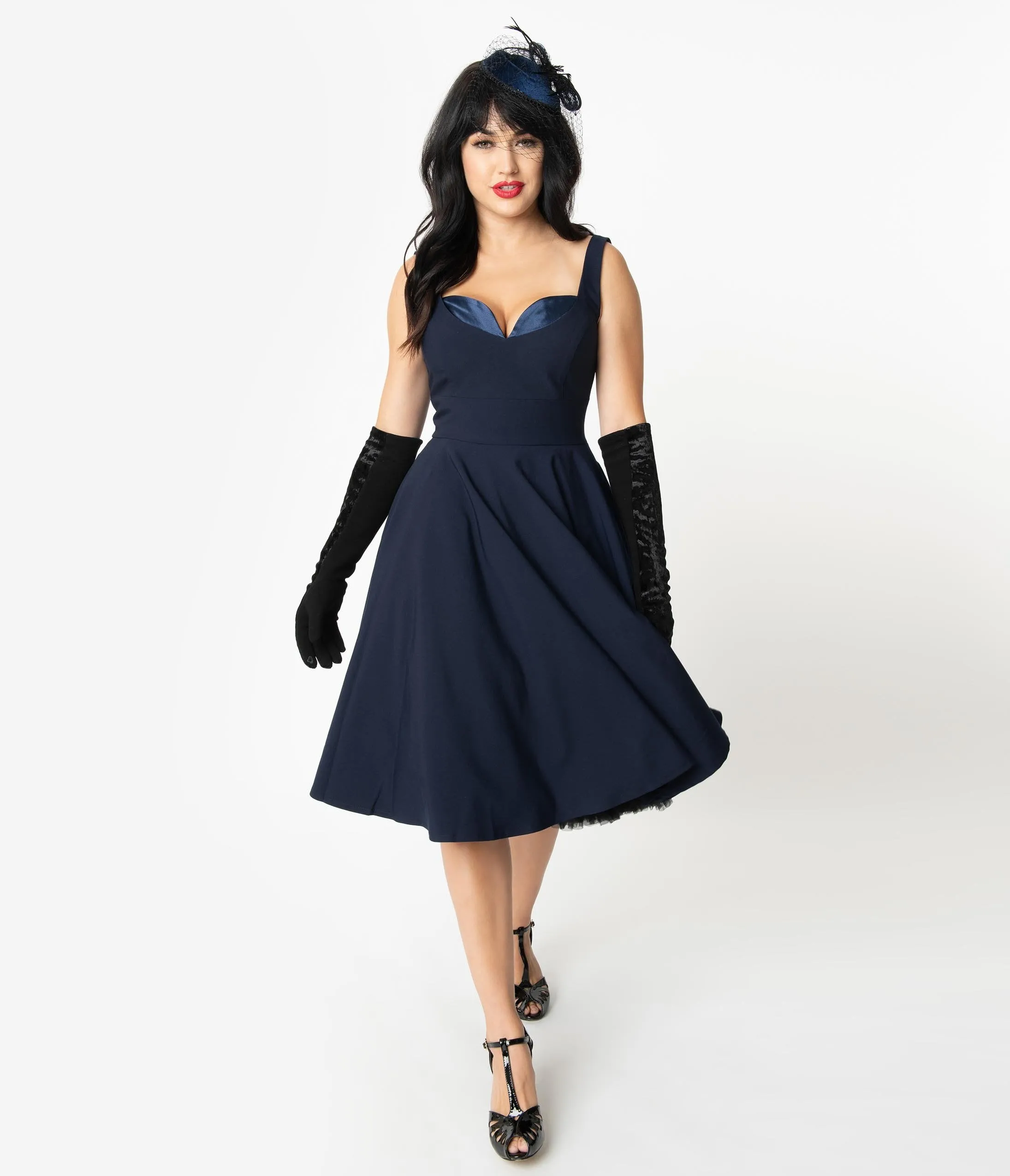 Glamour Bunny 1950s Dark Blue Sweetheart Madison Swing Dress