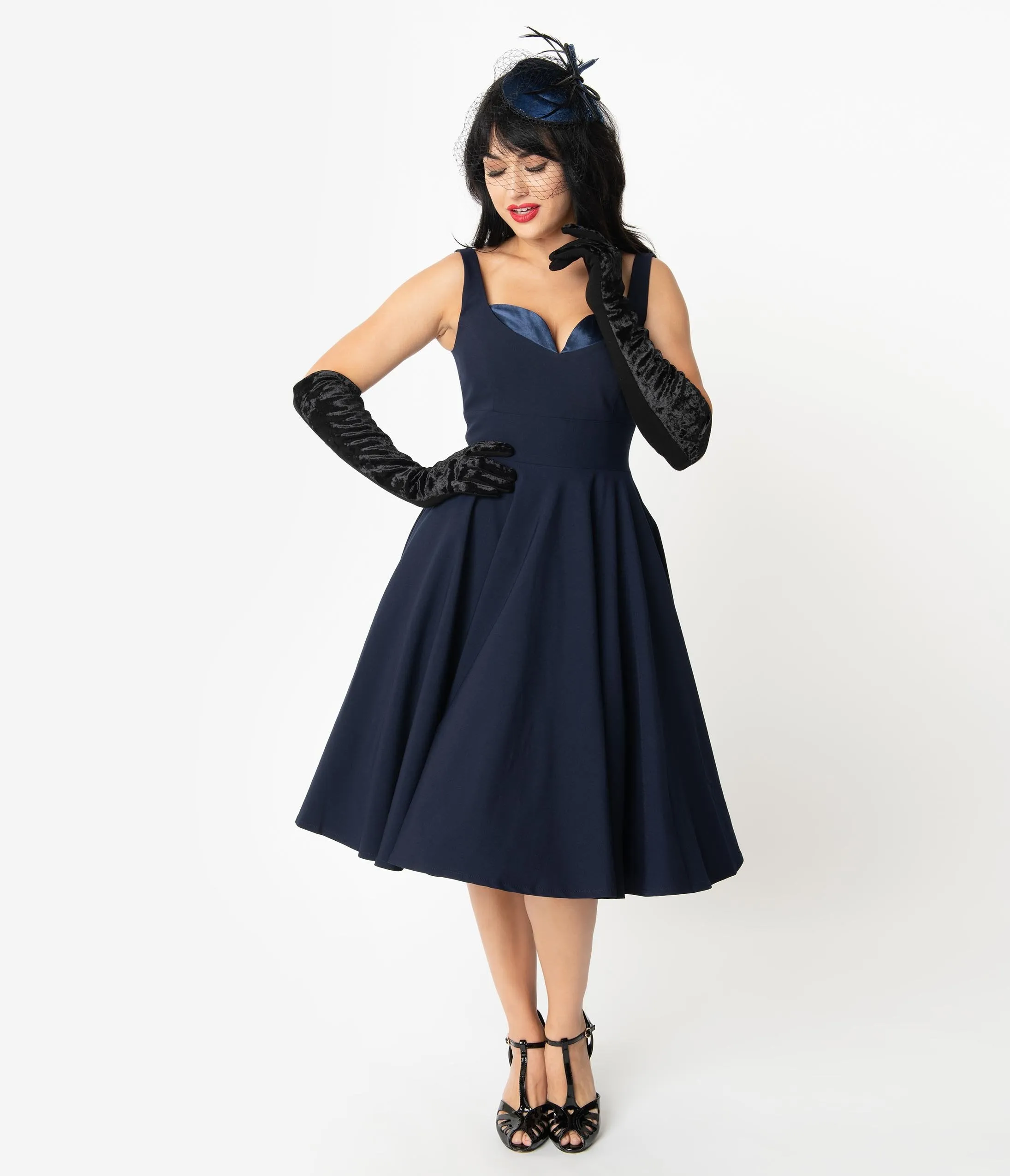 Glamour Bunny 1950s Dark Blue Sweetheart Madison Swing Dress