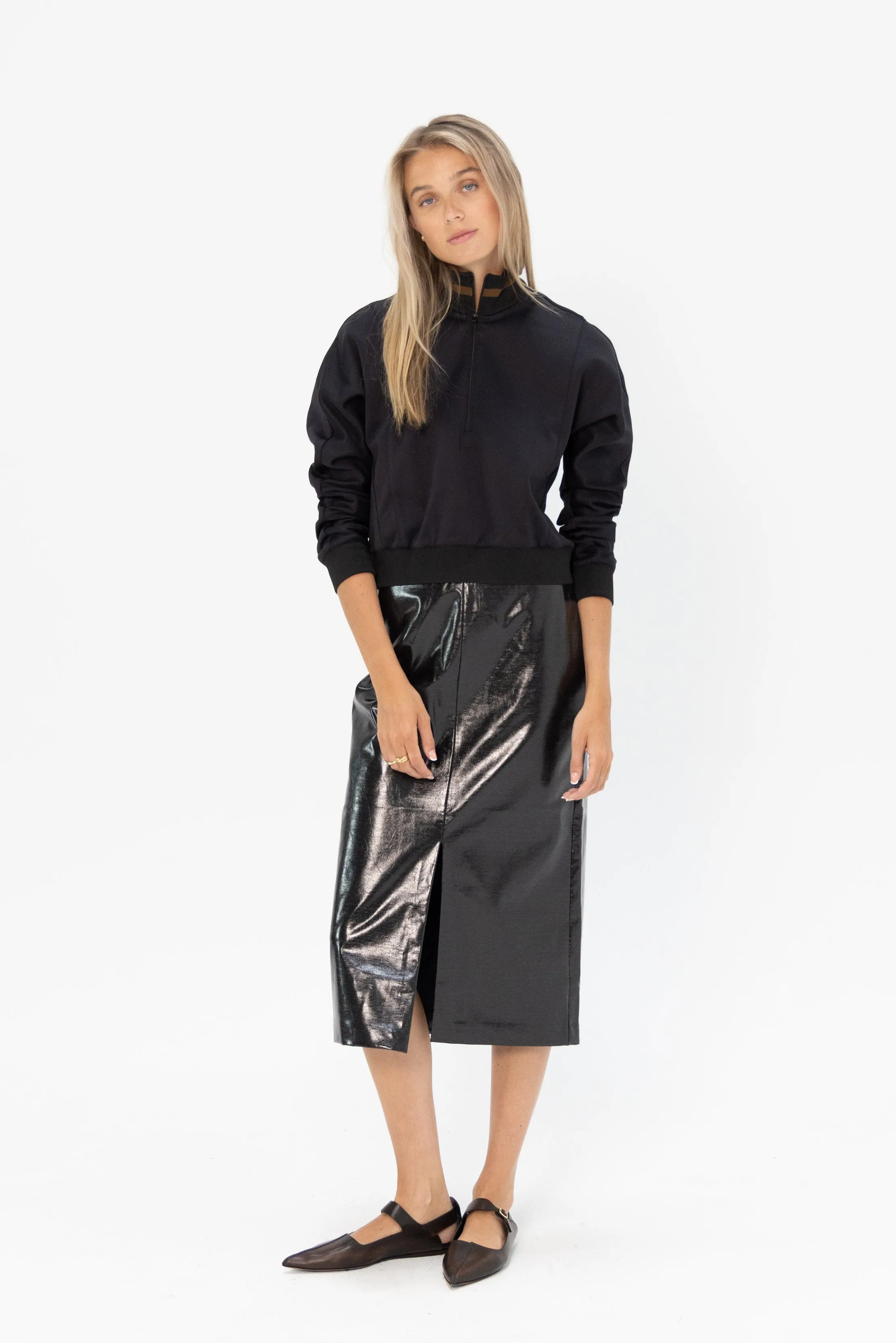 Glossed Jersey Pencil Skirt, Black