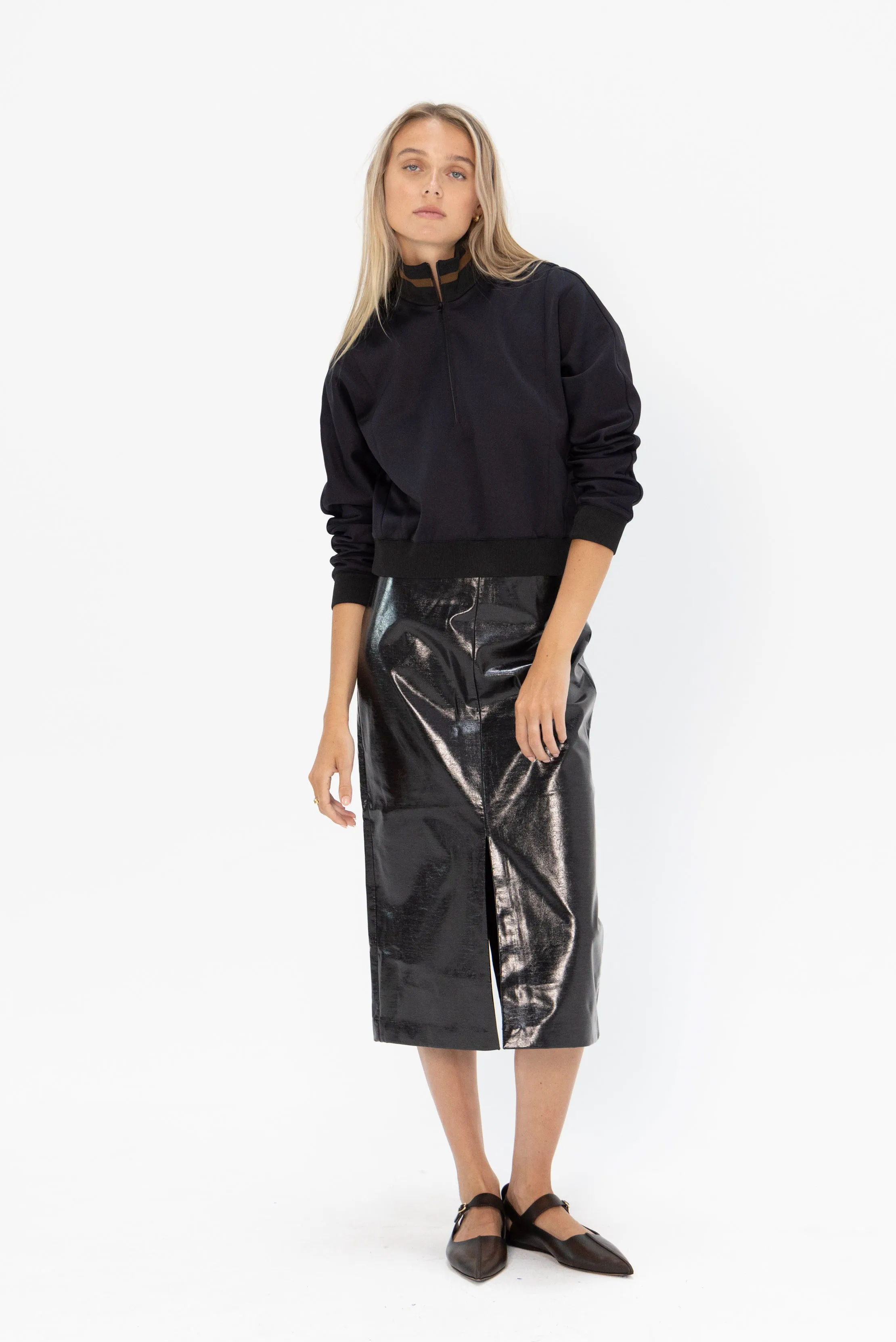 Glossed Jersey Pencil Skirt, Black