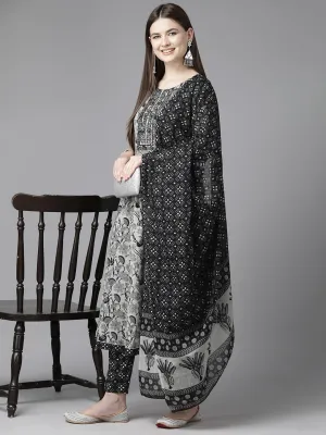 Grey Floral Printed Regular Sequined Pure Cotton Kurta With Trousers & With Dupatta