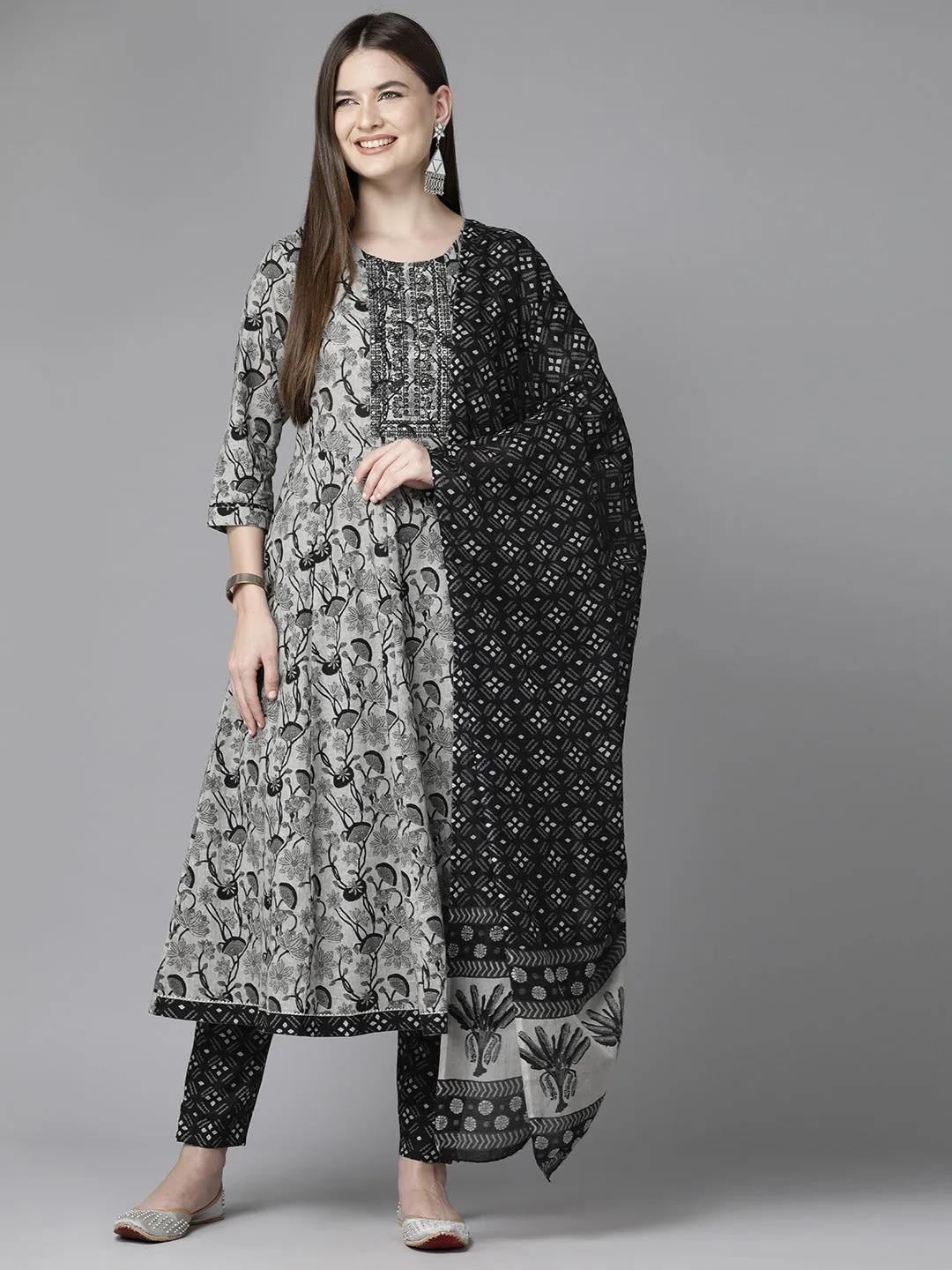 Grey Floral Printed Regular Sequined Pure Cotton Kurta With Trousers & With Dupatta