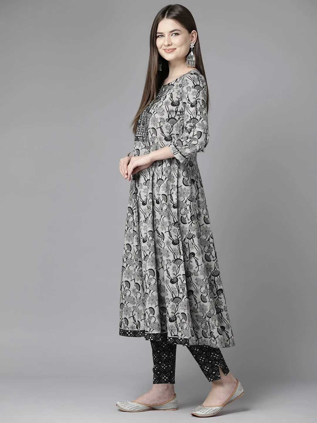 Grey Floral Printed Regular Sequined Pure Cotton Kurta With Trousers & With Dupatta