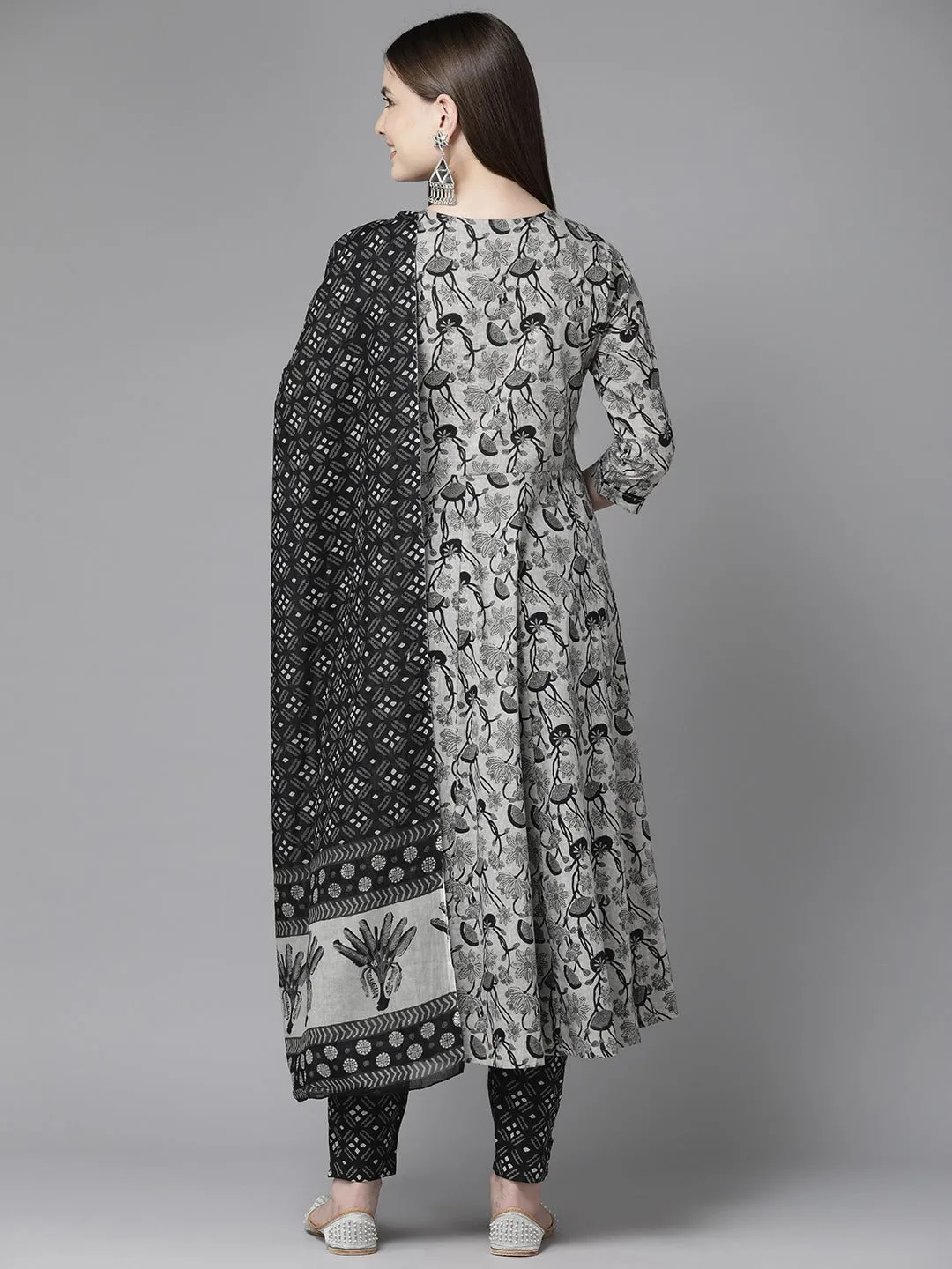 Grey Floral Printed Regular Sequined Pure Cotton Kurta With Trousers & With Dupatta