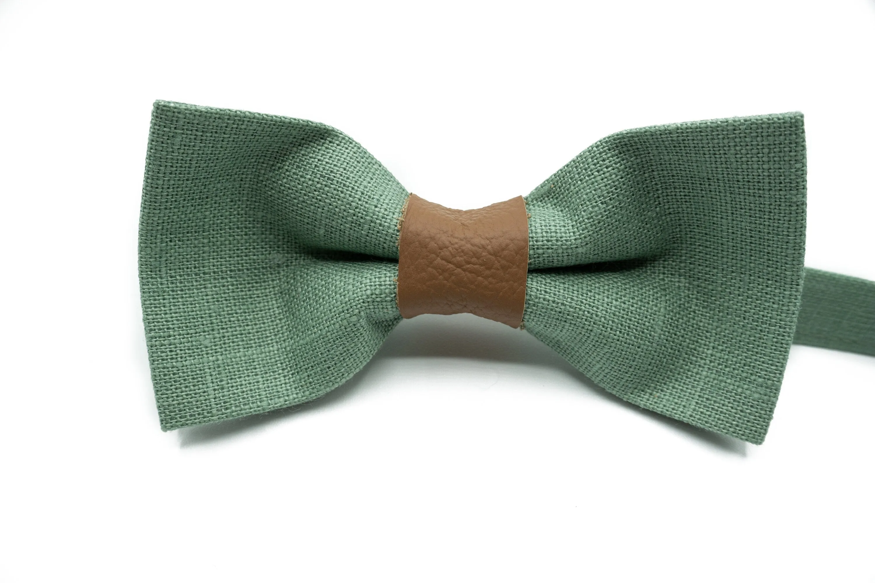 Handmade Sage Green Bow Tie with Leather Center - Perfect for Weddings & Special Occasions