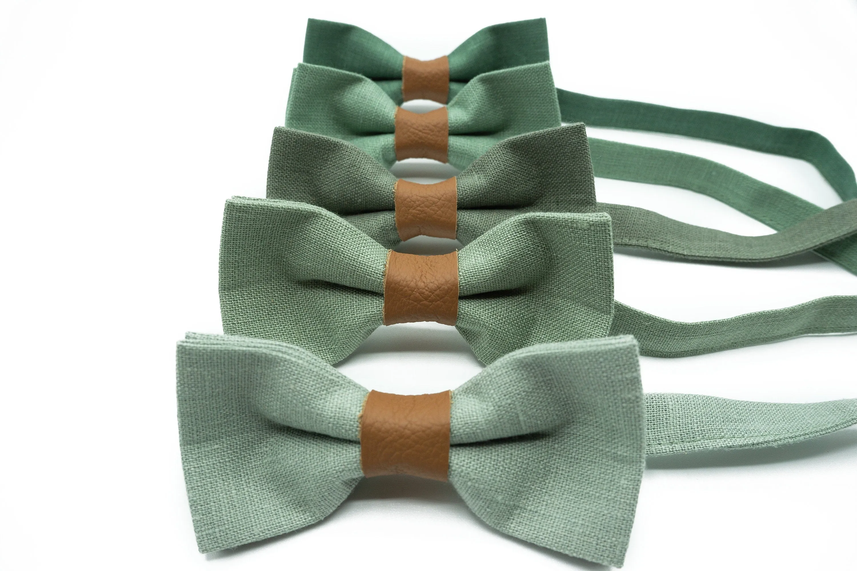 Handmade Sage Green Bow Tie with Leather Center - Perfect for Weddings & Special Occasions