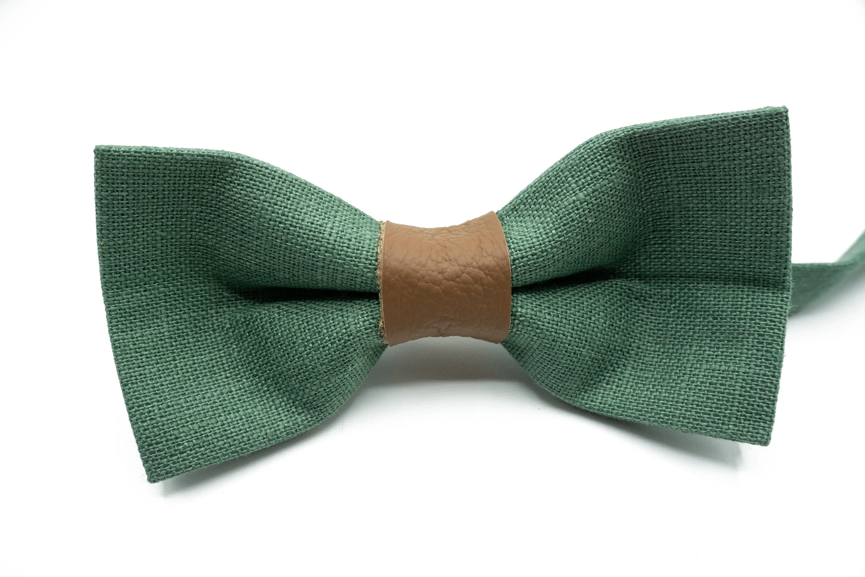 Handmade Sage Green Bow Tie with Leather Center - Perfect for Weddings & Special Occasions