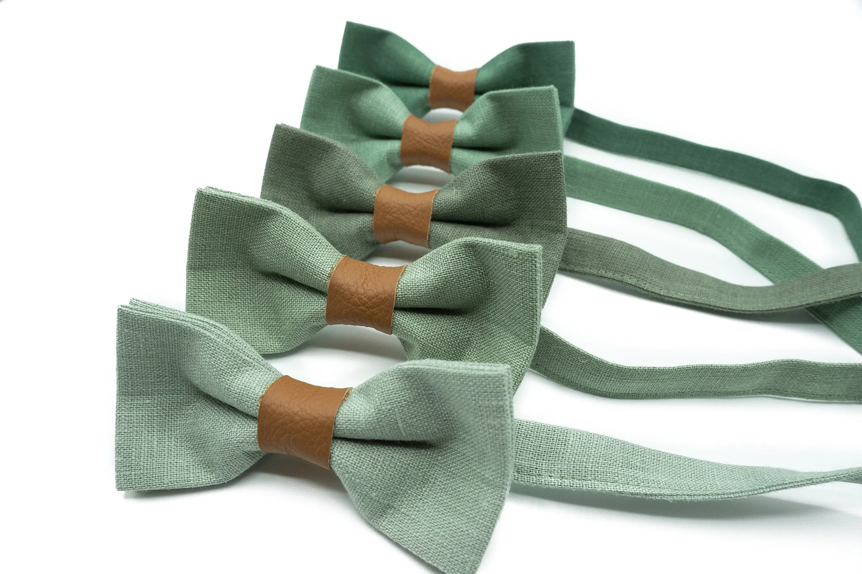 Handmade Sage Green Bow Tie with Leather Center - Perfect for Weddings & Special Occasions