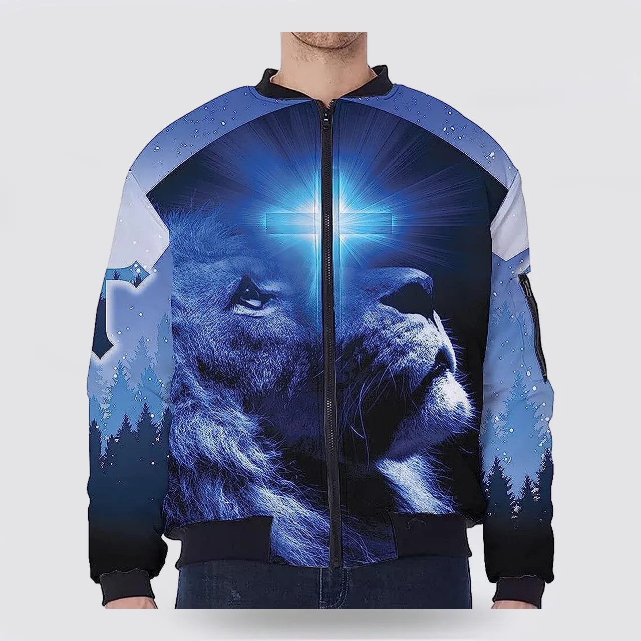 Happy Moment Praise God Lion Cross Blue Light Bomber Jacket - Christian Bomber Shirts for Men and Women