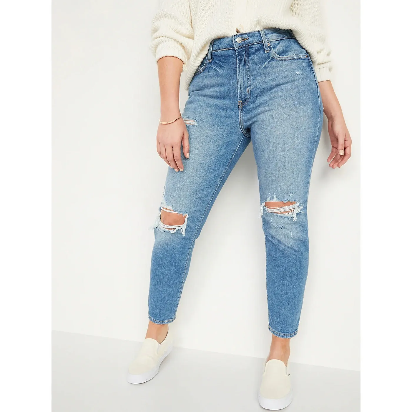 High-Waisted Straight Ripped Jeans